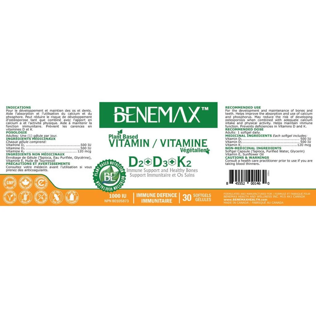 Benemax Health & Wellness PLANT BASED VITAMIN D2+D3+K2, 30 Softgels - Image 2